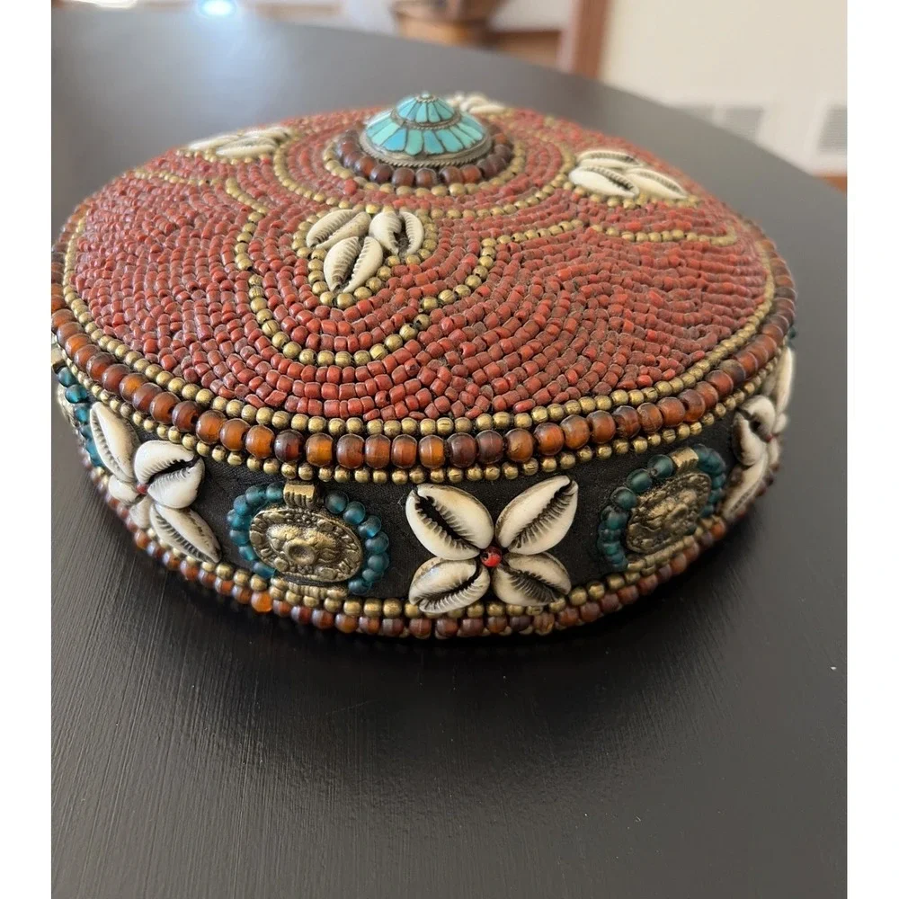 Tibetan‎ Beaded Hat Ceremonial Headdress Red Coral Turquoise Beaded